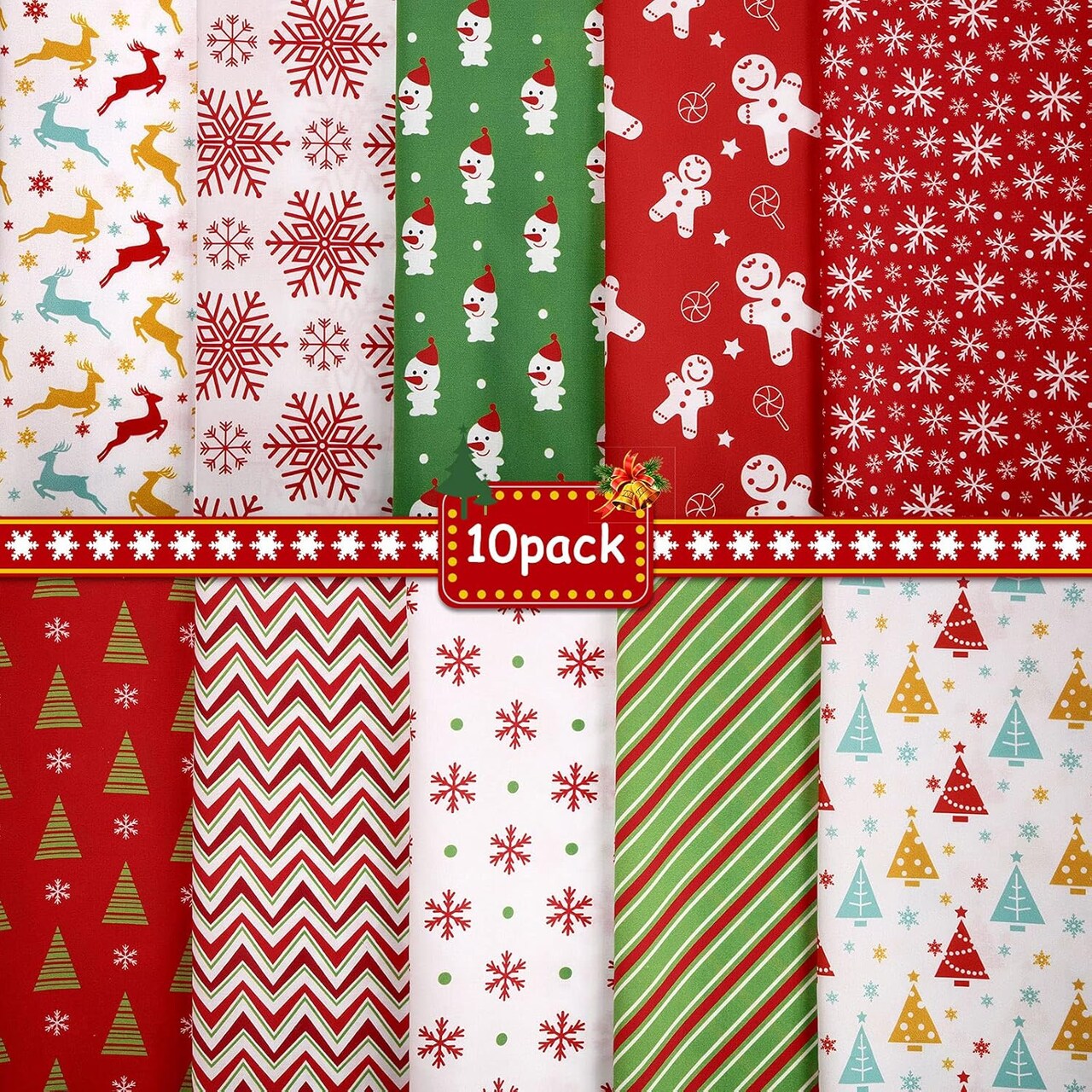 10 Pieces 20x20inch Christmas Fabric Squares Christmas Cotton Quilting Fabric Christmas Fat Quarters by The Yard Snowflake Print Red Green Precut Patchwork Fabric for DIY Xmas Sewing Crafting